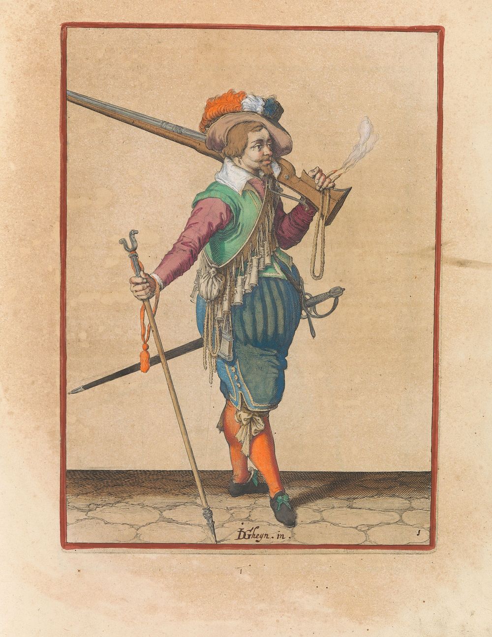 Soldaat die zijn musket op zijn linkerschouder draagt en zijn furket in zijn rechterhand vasthoudt (c. 1597 - 1607) by…