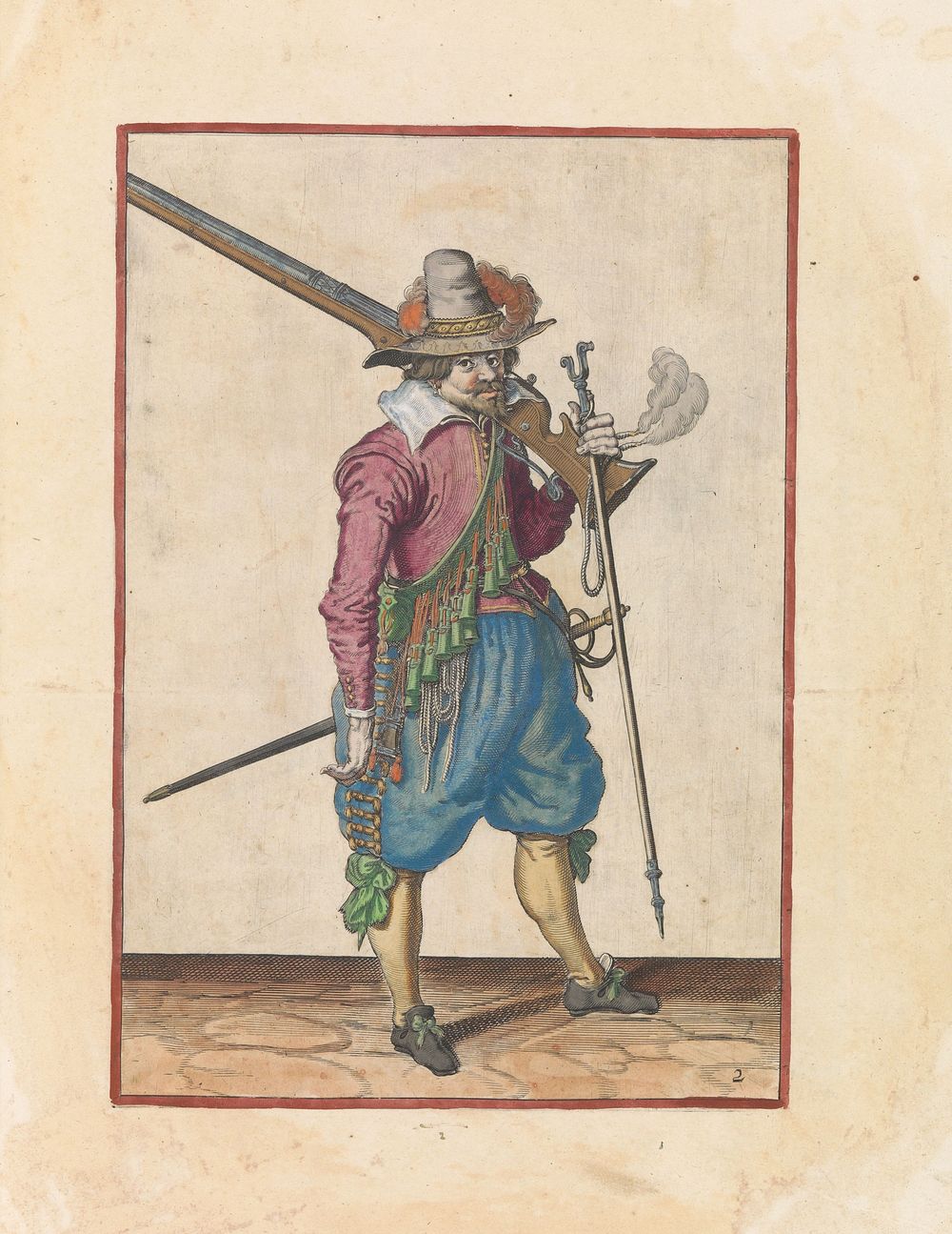 Soldaat die zijn musket op zijn linkerschouder draagt en zijn furket in zijn linkerhand vasthoudt (c. 1597 - 1607) by…