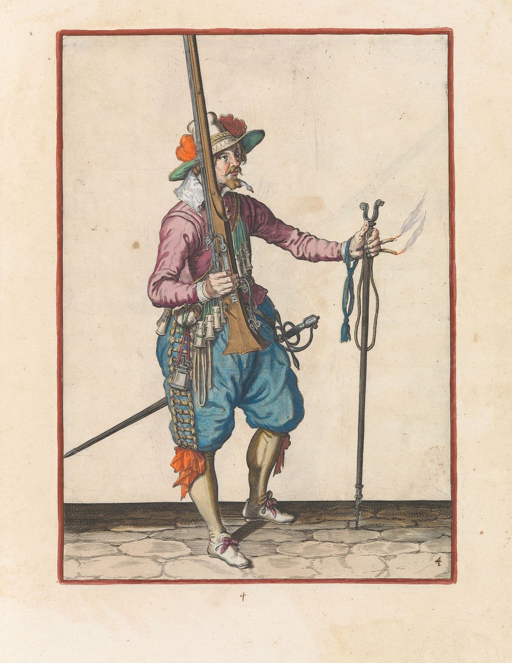 Soldaat die zijn musket met zijn rechterhand rechtop vasthoudt, in zijn linkerhand het furket om zijn wapen op te plaatsen…