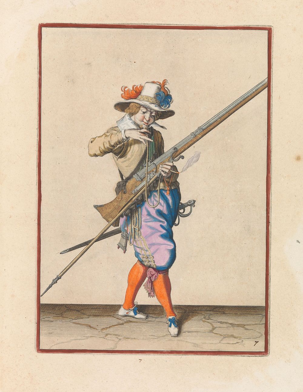 Soldaat met een musket die zijn lont naar zijn mond brengt om hem schoon te blazen (c. 1597 - 1607) by Jacques de Gheyn II…