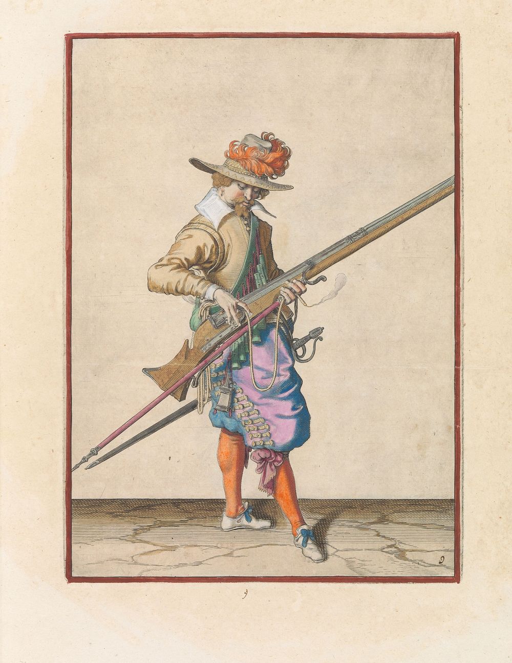 Soldaat die de lont op de haan van zijn musket de juiste plek en vorm geeft (c. 1597 - 1607) by Jacques de Gheyn II and…