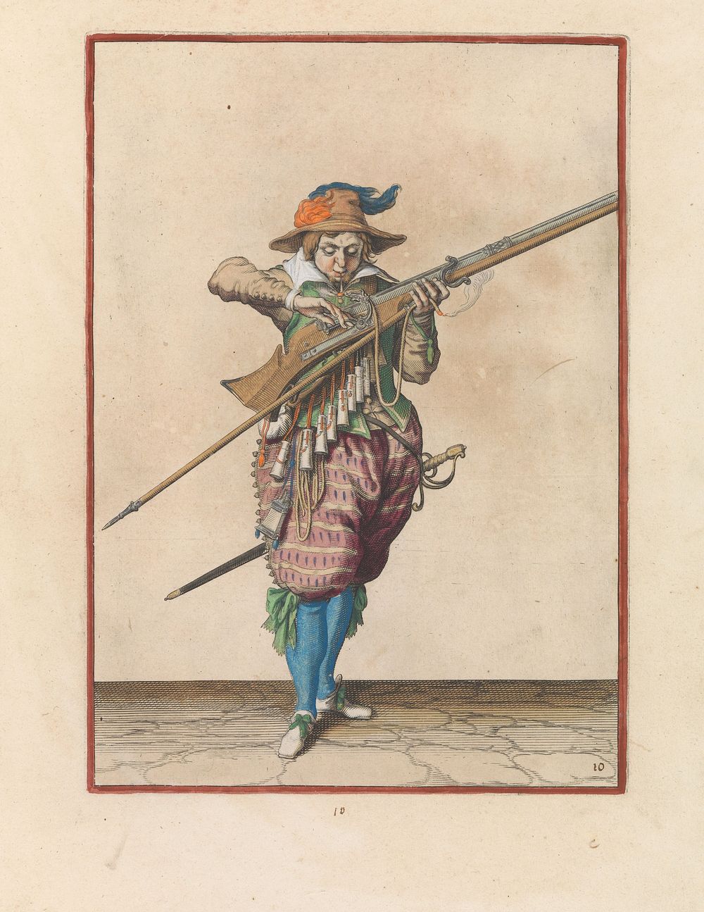 Soldaat die zijn lont schoon blaast, terwijl hij de pan van zijn musket met twee vingers bedekt tegen vonken (c. 1597 -…