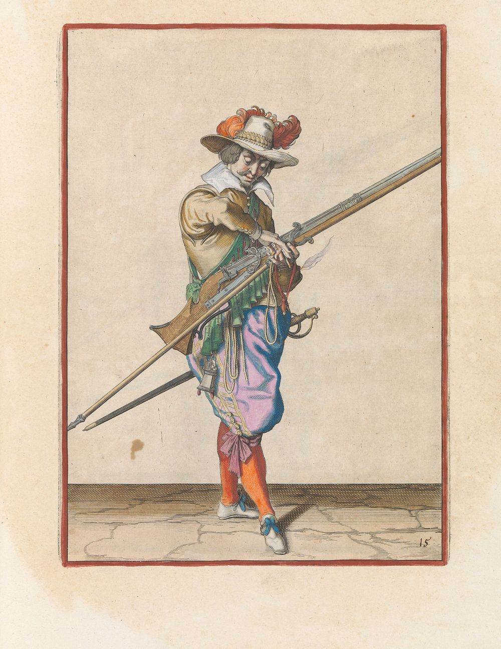 Soldaat met een musket die zijn lont overbrengt van zijn rechter- naar zijn linkerhand (c. 1597 - 1607) by Jacques de Gheyn…