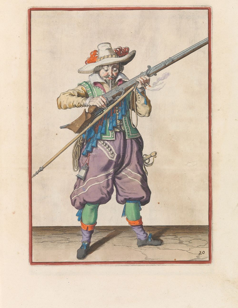 Soldaat die kruit van zijn musket blaast (c. 1597 - 1607) by Jacques de Gheyn II and Jacques de Gheyn II