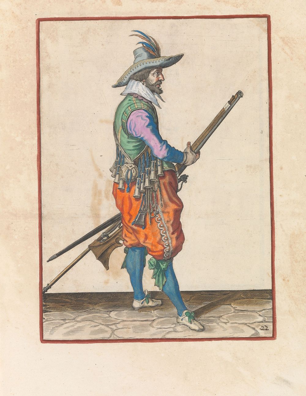 Soldaat die zijn musket met beide handen bij zijn linkerdijbeen vasthoudt (c. 1597 - 1607) by Jacques de Gheyn II and…