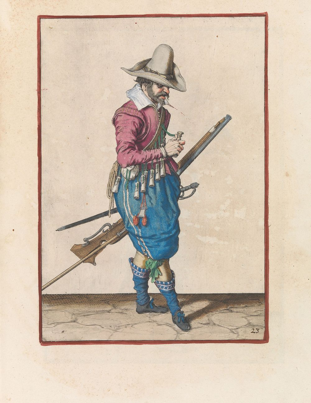Soldaat met een musket die een kruitmaat opent (c. 1597 - 1607) by Jacques de Gheyn II and Jacques de Gheyn II