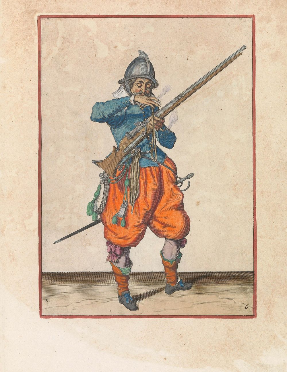 Soldaat met een roer die zijn lont naar zijn mond brengt om hem schoon te blazen (c. 1597 - 1607) by Jacques de Gheyn II and…