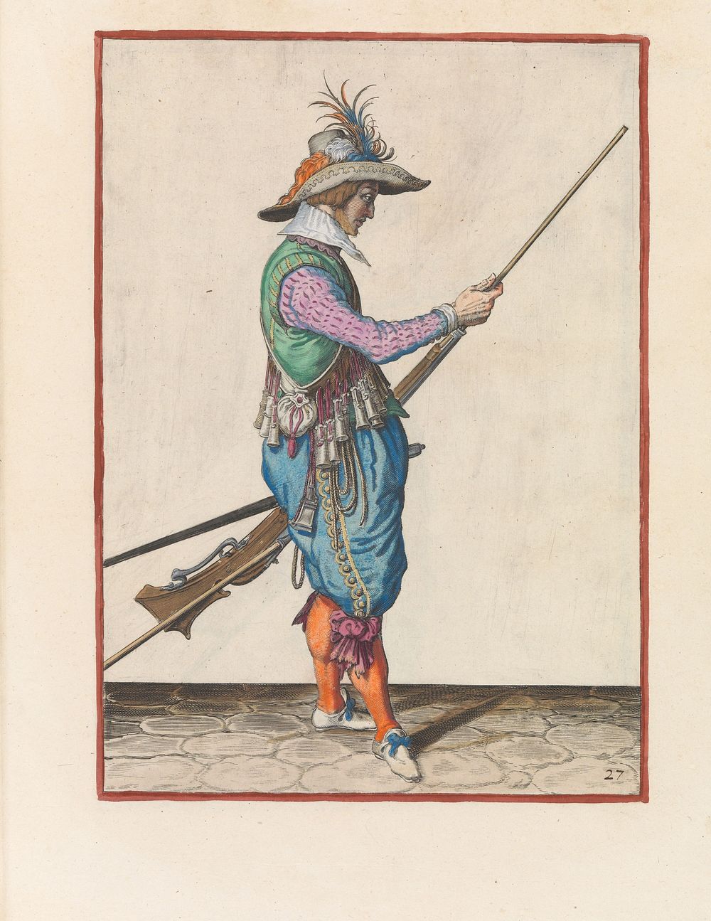 Soldaat die met zijn laadstok kruit en kogel in de loop van zijn musket duwt (c. 1597 - 1607) by Jacques de Gheyn II and…