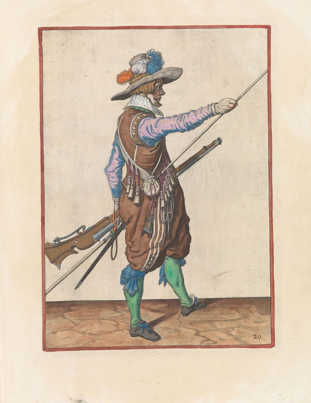 Soldaat met een musket die zijn rechterhand naar het uiteinde van zijn laadstok schuift (c. 1597 - 1607) by Jacques de Gheyn…