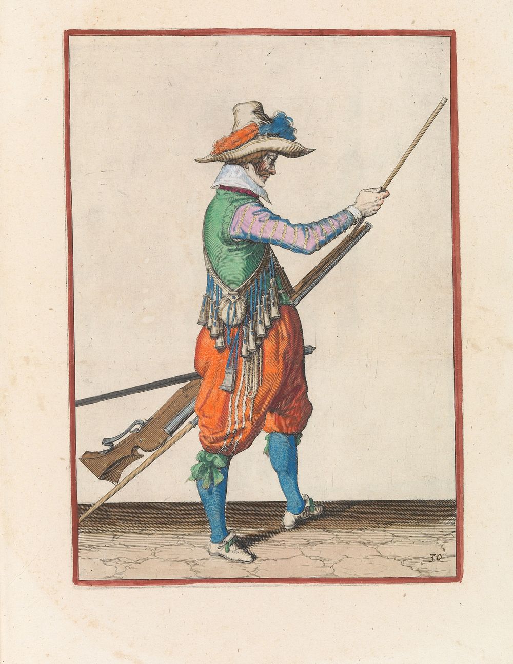 Soldaat die zijn laadstok in de houder onder de loop van zijn musket schuift (c. 1597 - 1607) by Jacques de Gheyn II and…