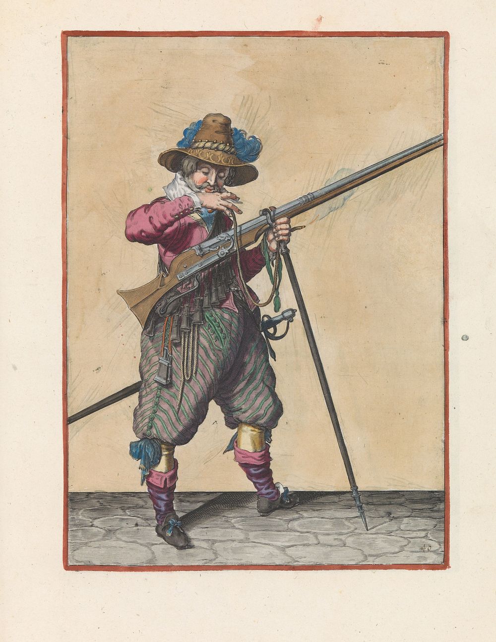 Soldaat op wacht met een musket die zijn lont naar zijn mond brengt om hem schoon te blazen (c. 1597 - 1607) by Jacques de…