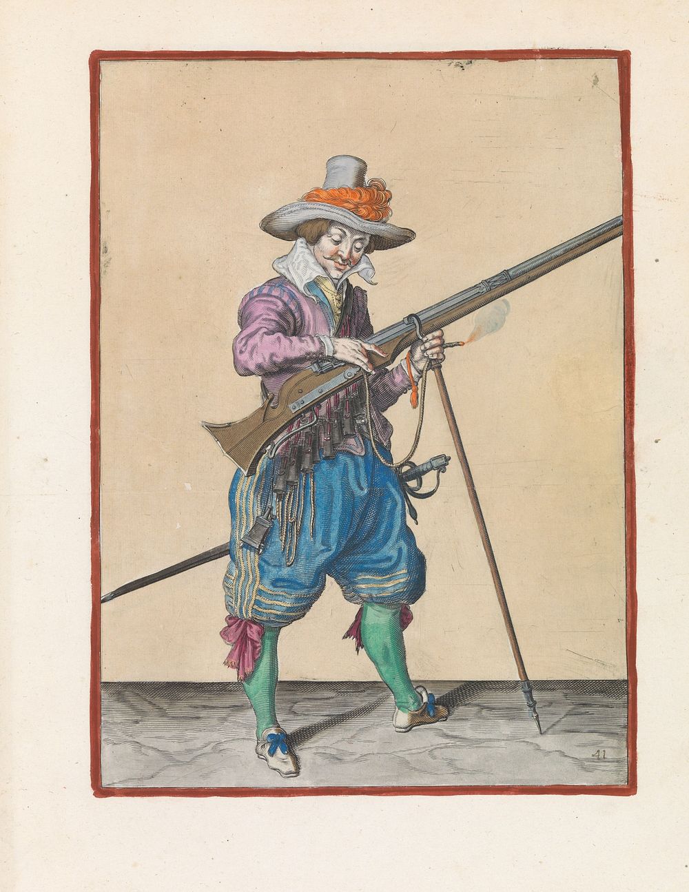 Soldaat op wacht die zijn lont op de haan van zijn musket drukt (c. 1597 - 1607) by Jacques de Gheyn II and Jacques de Gheyn…