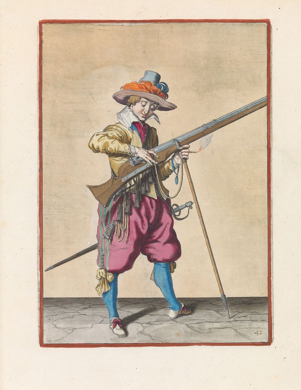 Soldaat op wacht die de lont op de haan van zijn musket de juiste plek en vorm geeft (c. 1597 - 1607) by Jacques de Gheyn II…