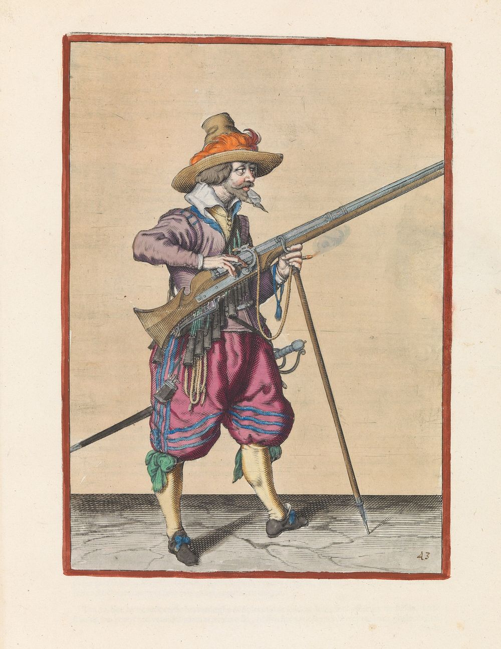 Soldaat op wacht die de pan van zijn musket met twee vingers bedekt tegen vonken (c. 1597 - 1607) by Jacques de Gheyn II and…