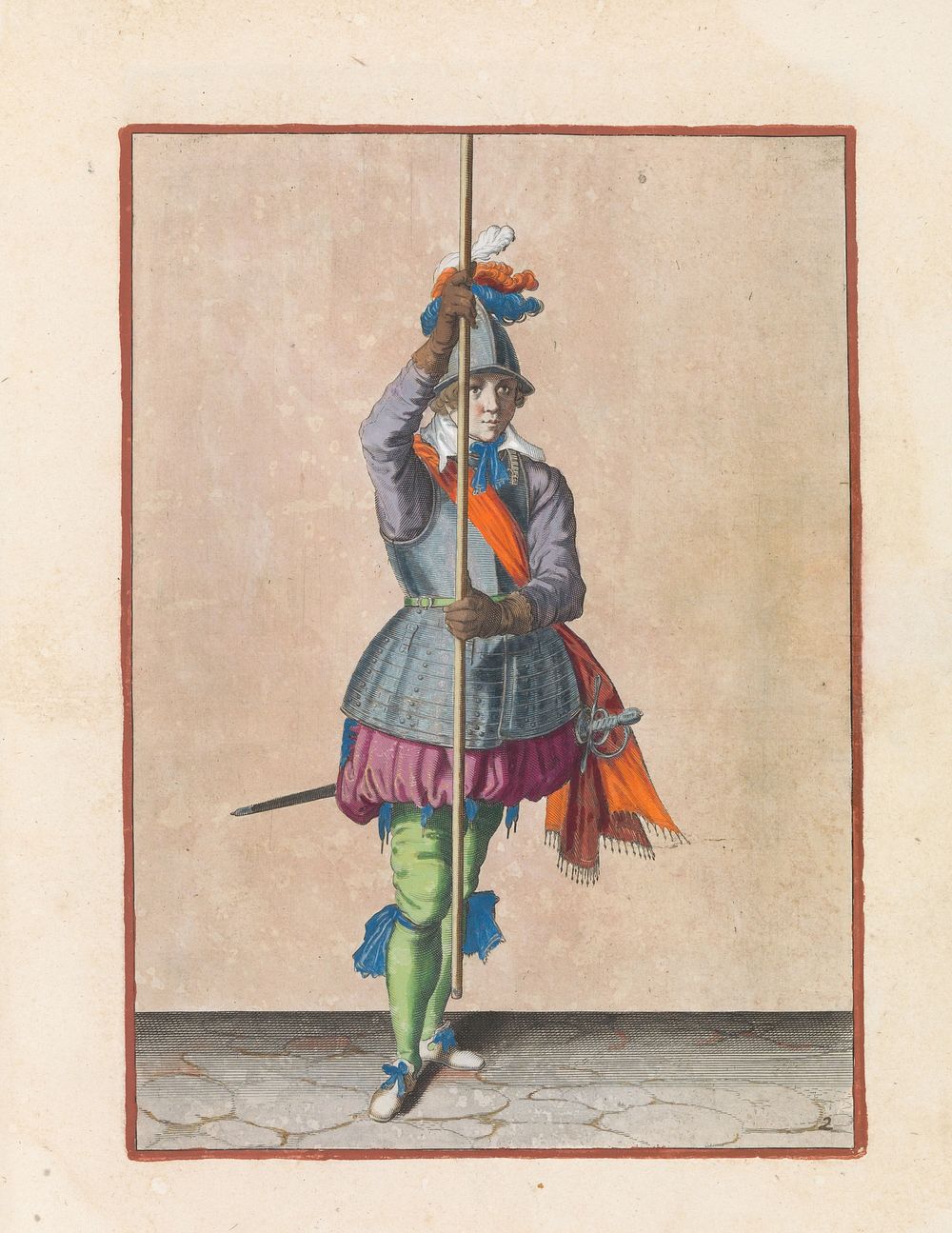 Soldaat, van voren gezien, die zijn spies met beide handen rechtop voor zich iets boven de grond vasthoudt (c. 1597 - 1607)…