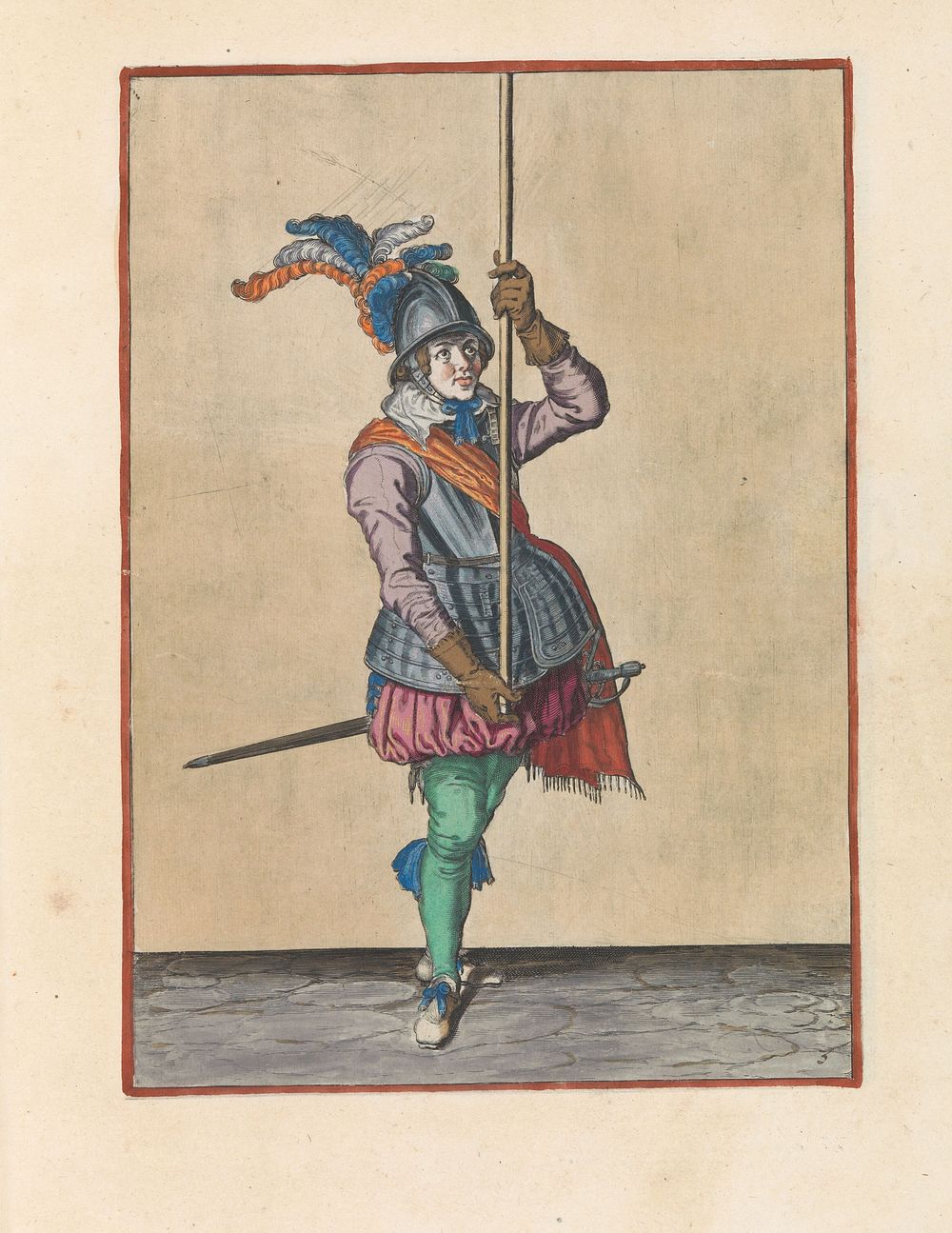 Soldaat die zijn spies met beide handen rechtop voor zich hoog boven de grond vasthoudt (c. 1597 - 1607) by Jacques de Gheyn…