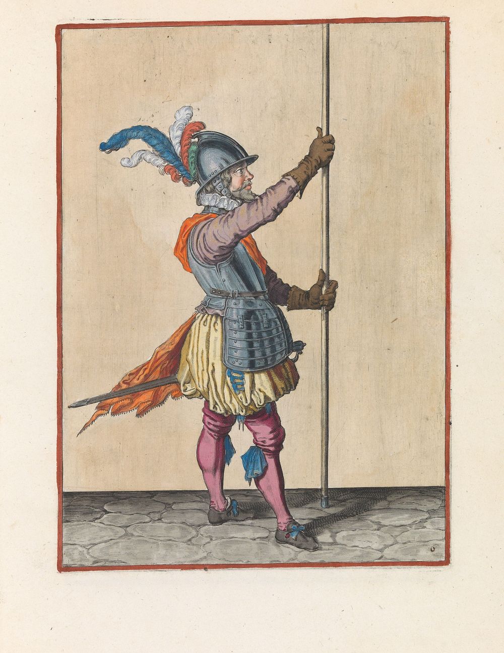 Soldaat, naar links gekeerd, die zijn spies met beide handen rechtop voor zich iets boven de grond vasthoudt (c. 1597 -…