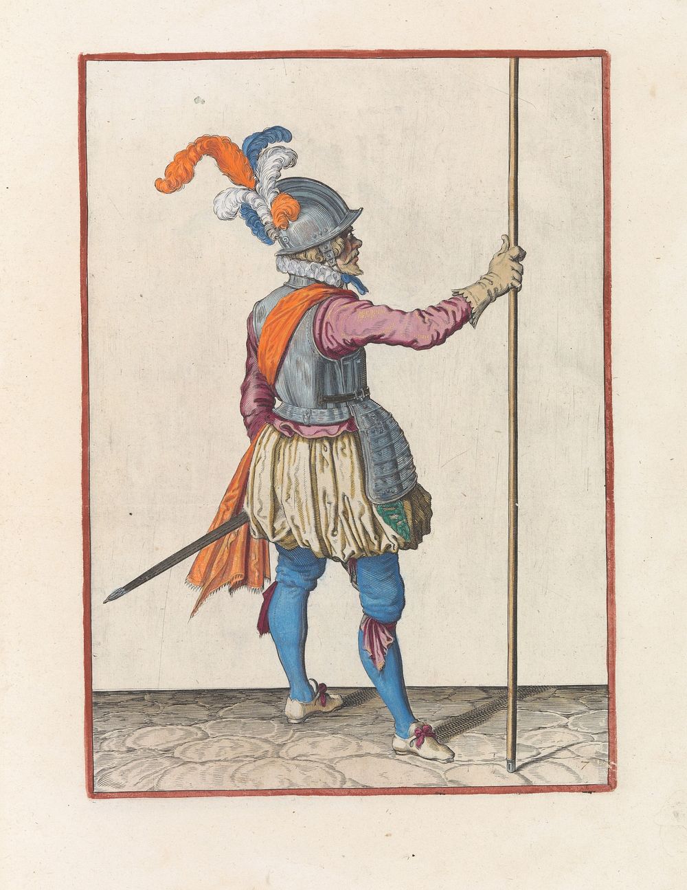 Soldaat, op de rug gezien, die zijn spies met zijn rechterhand rechtop vasthoudt (c. 1597 - 1607) by Jacques de Gheyn II and…