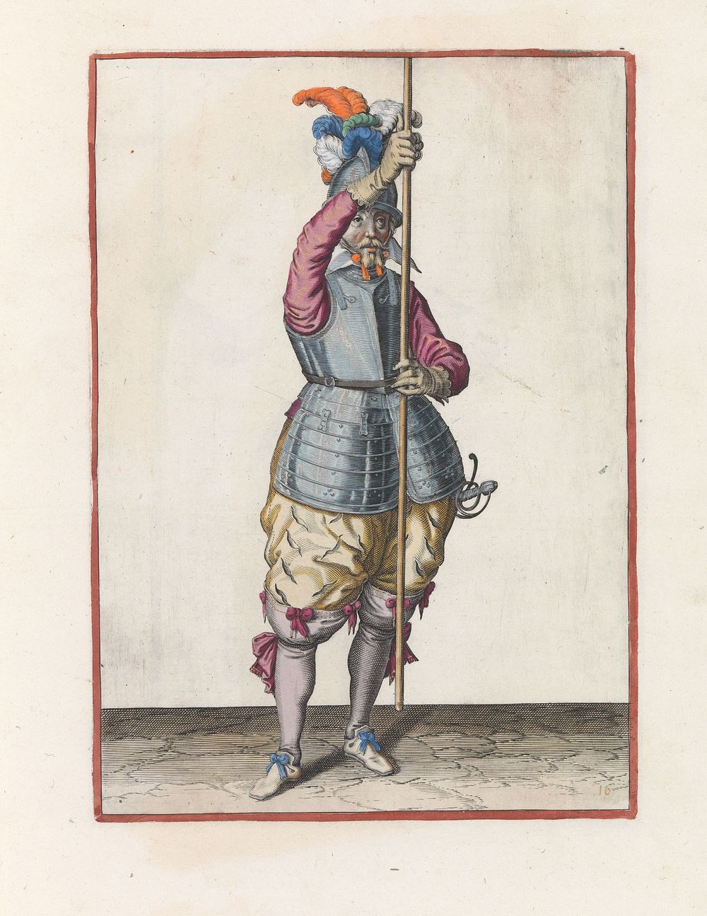 Soldaat, van voren gezien, die zijn spies met beide handen rechtop voor zich iets boven de grond vasthoudt (c. 1597 - 1607)…