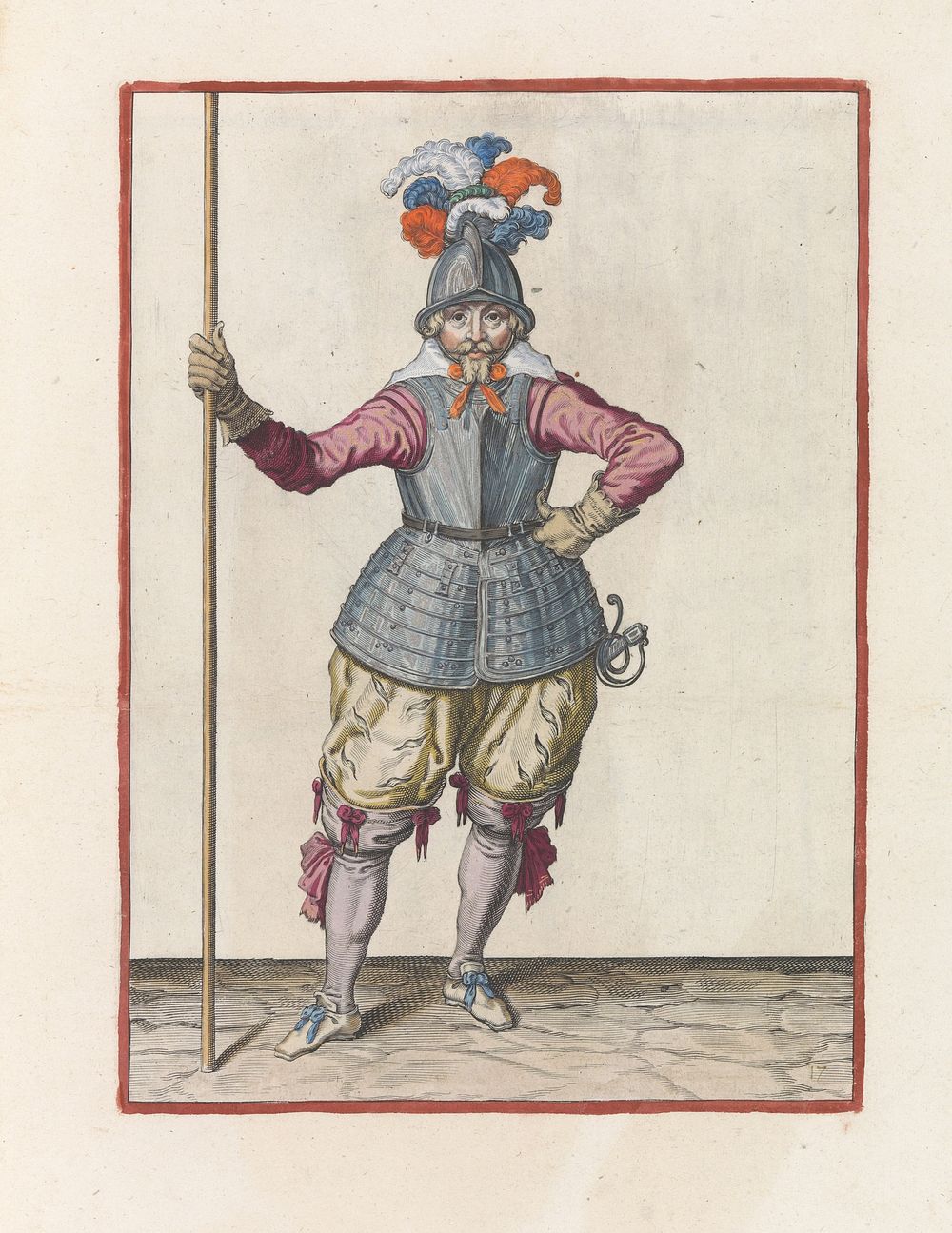 Soldaat, van voren gezien, die zijn spies met zijn rechterhand rechtop vasthoudt (c. 1597 - 1607) by Jacques de Gheyn II and…