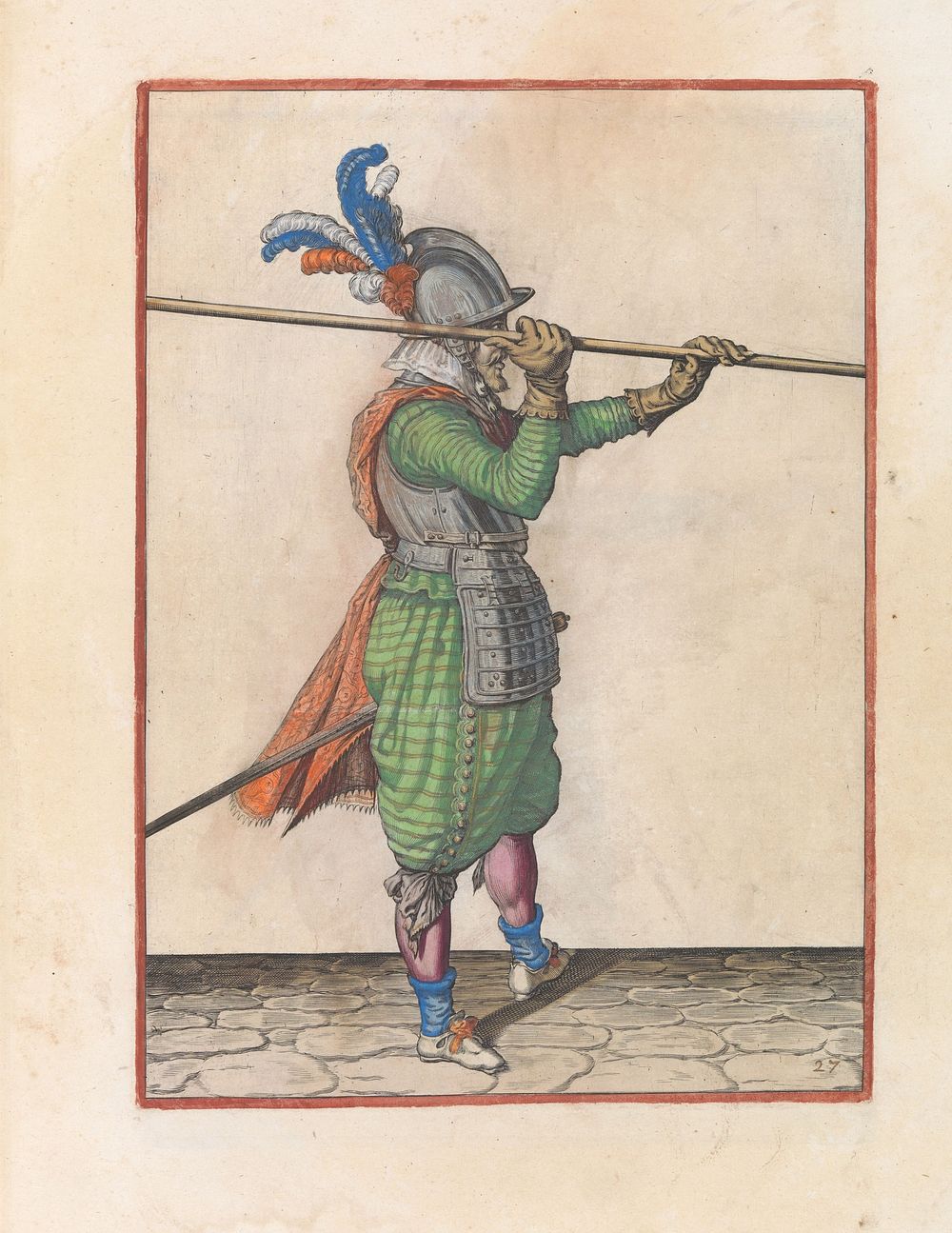 Soldaat die zijn spies met beide handen horizontaal boven zijn rechterschouder tilt (c. 1597 - 1607) by Jacques de Gheyn II…