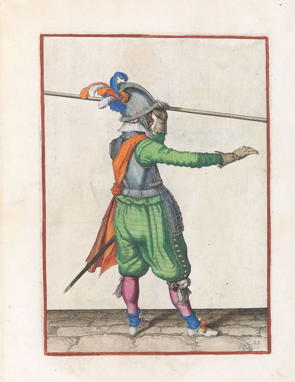 Soldaat die zijn spies met zijn linkerhand boven zijn linkerschouder draagt, zijn rechterhand uitgestrekt naar voren (c.…