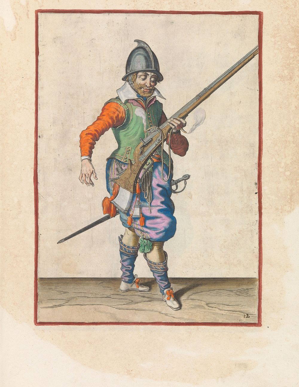Soldaat die zijn roer met zijn linkerhand schuin omhoog gericht vasthoudt (c. 1597 - 1607) by Jacques de Gheyn II and…