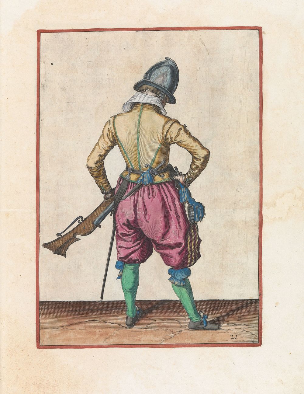 Soldaat met een roer die zijn kruithoorn pakt (c. 1597 - 1607) by Jacques de Gheyn II and Jacques de Gheyn II