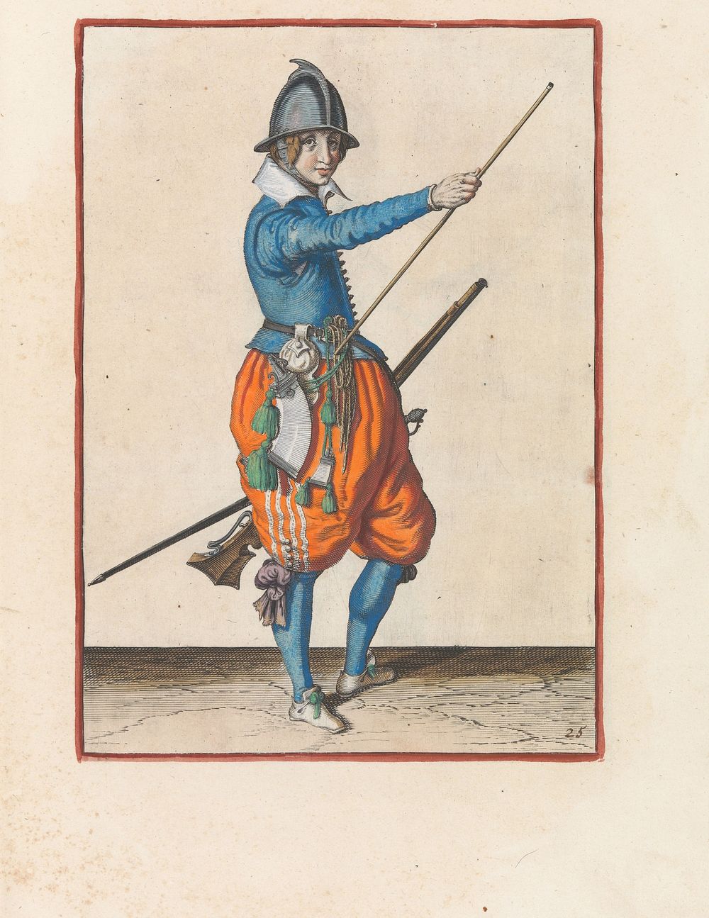 Soldaat met een roer die zijn rechterhand naar het uiteinde van zijn laadstok schuift (c. 1597 - 1607) by Jacques de Gheyn…