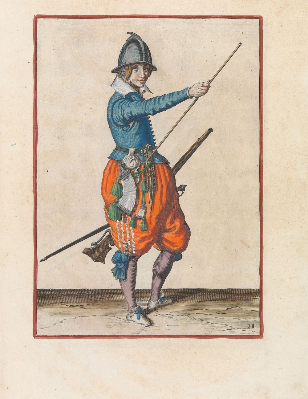 Soldaat met een roer die zijn rechterhand naar het uiteinde van zijn laadstok schuift (c. 1597 - 1607) by Jacques de Gheyn…