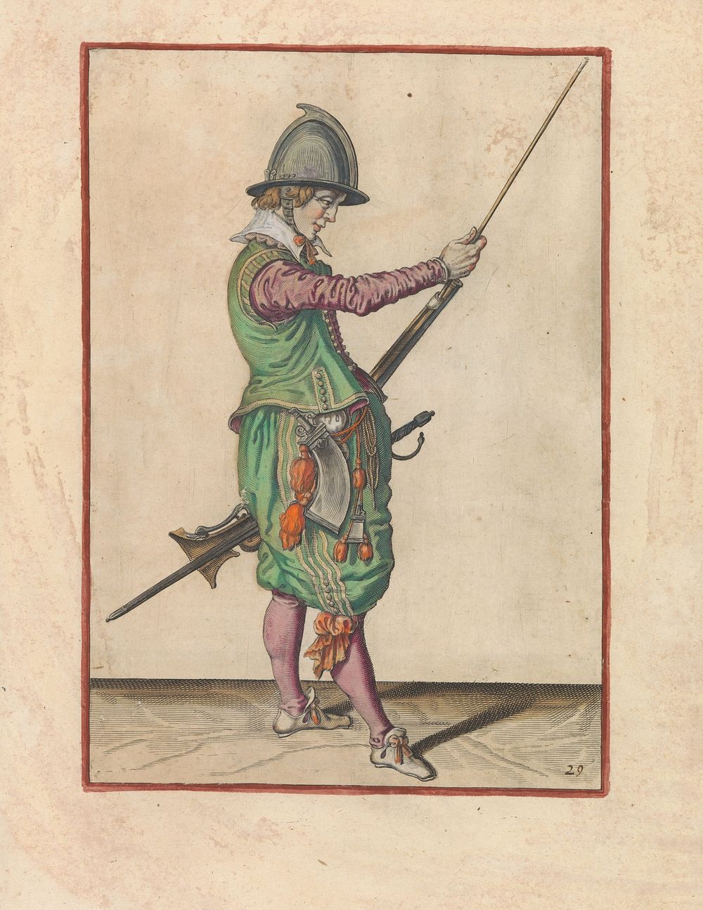 Soldaat die zijn laadstok in de houder onder de loop van zijn roer schuift (c. 1597 - 1607) by Jacques de Gheyn II and…