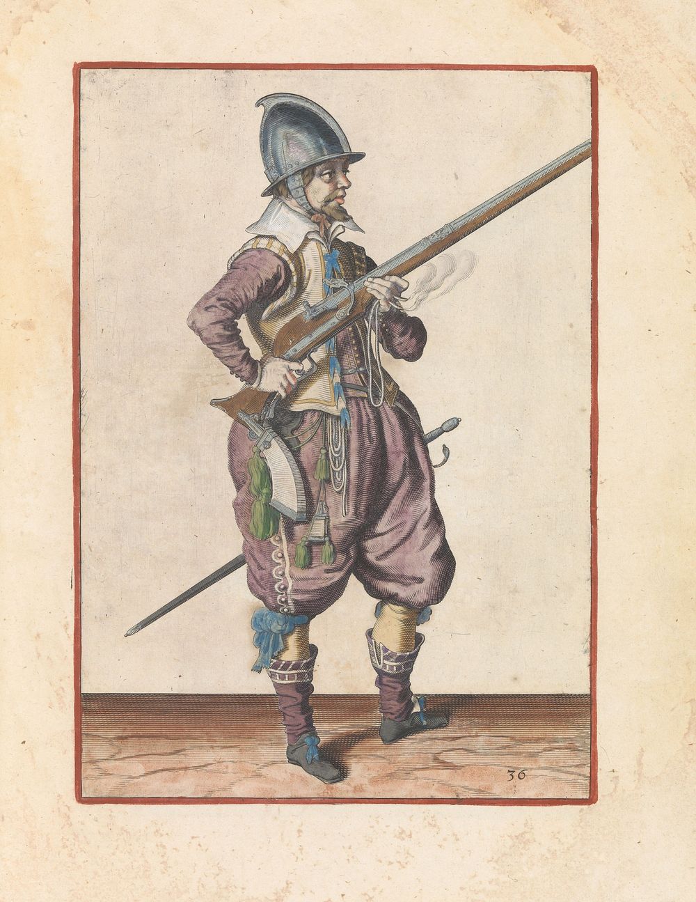 Soldaat op wacht die zijn roer bij zijn rechterzijde schuin omhoog gericht vasthoudt, zijn vinger aan de trekker (c. 1597 -…