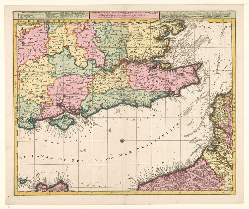 Kaart van het Kanaal en de kusten van Zuid Engeland en Noordwest Frankrijk (1700 - 1750) by Reinier Ottens I and Josua Ottens
