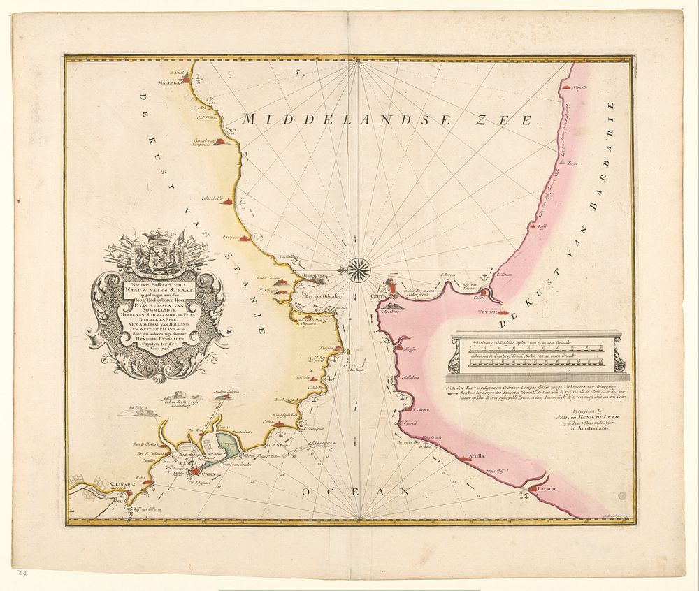 Zeekaart van de Straat van Gibraltar (1726 - 1727) by Hendrik Lynslager, Hendrik de Leth, Hendrik de Leth, Andries de Leth…
