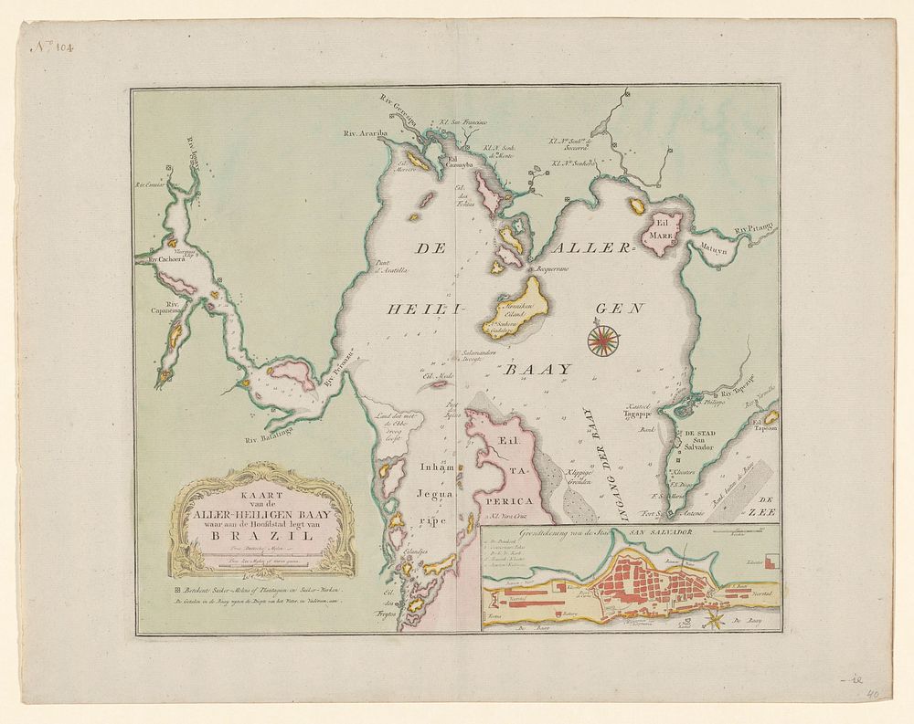 Kaart van de Allerheiligenbaai in Brazilië (1760 - 1769) by anonymous and Isaak Tirion