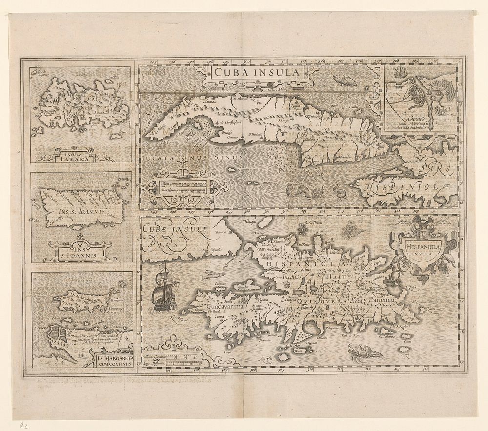 Kaart van vijf Caraibïsche eilanden: Cuba, Haïti, Jamaica, Puerto Rico en St. Margareta (1606 - 1634) by anonymous, Gerardus…