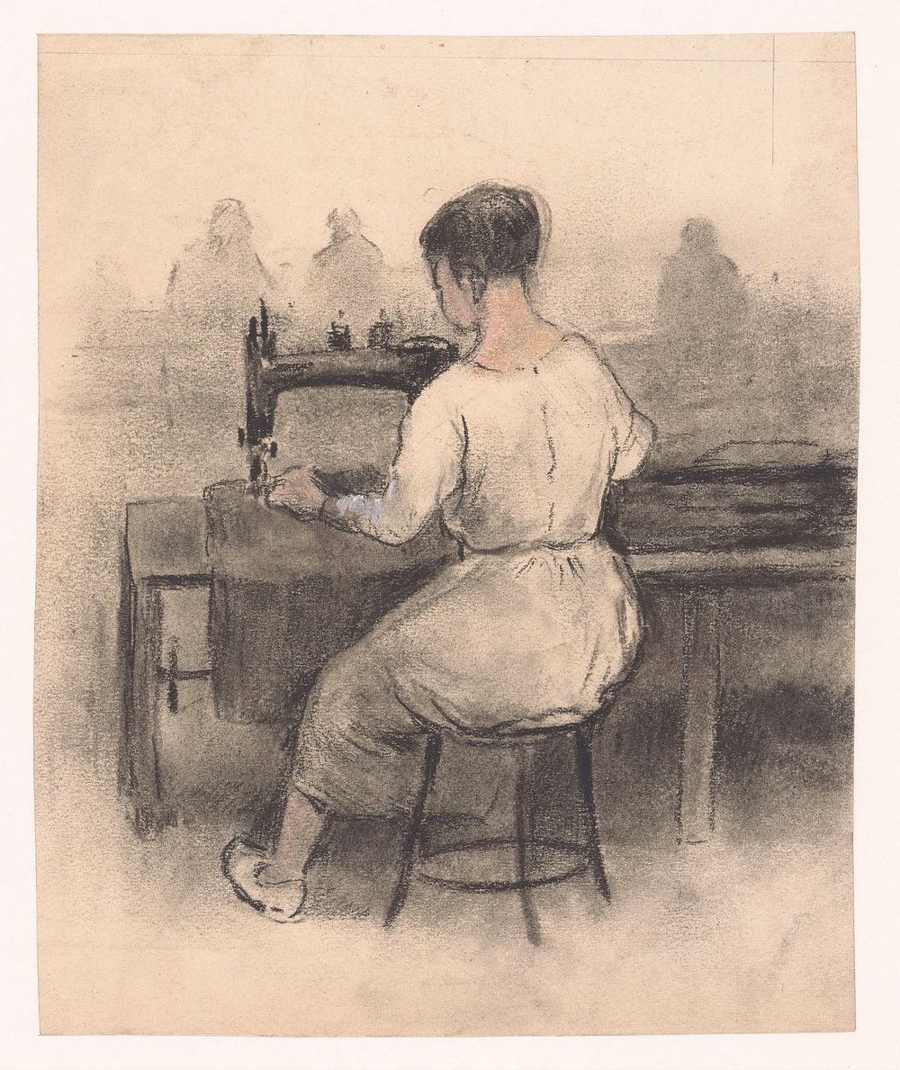 Vrouw achter naaimachine (1881 - 1925) by Herman Heijenbrock