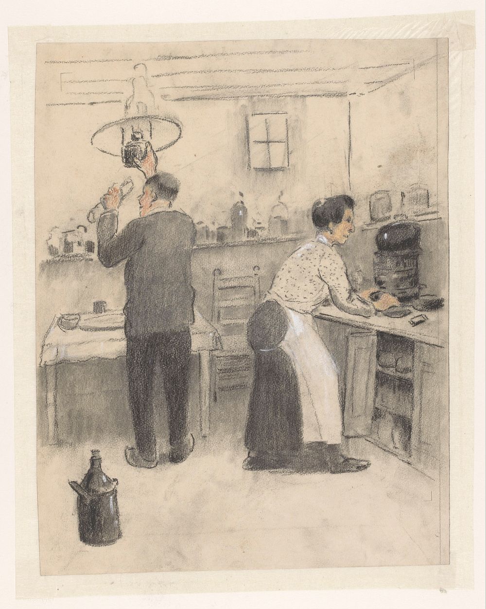 Man en vrouw in de keuken (1900 - 1925) by Herman Heijenbrock