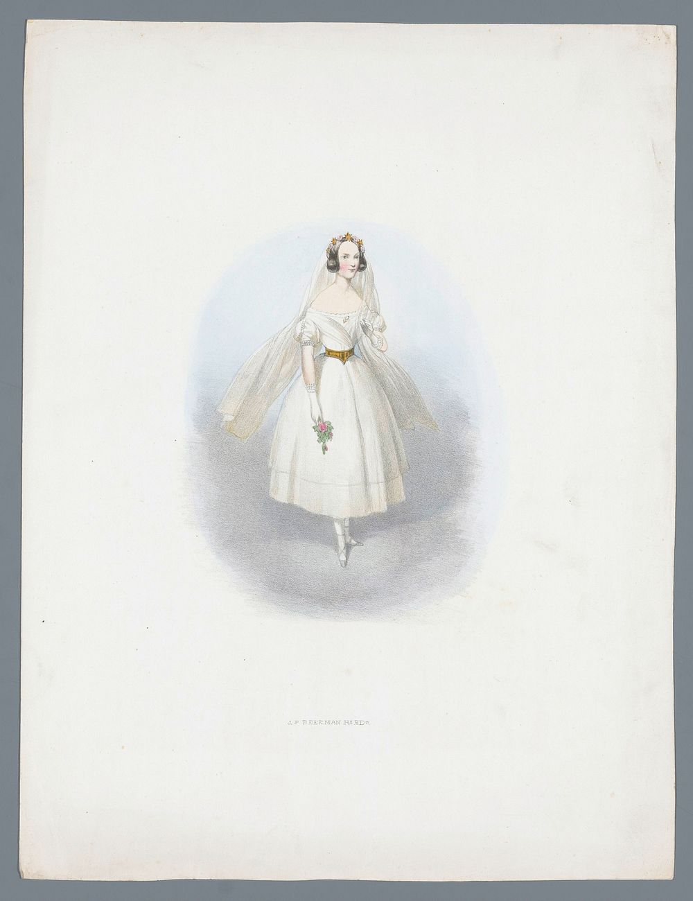 Vrouw in bruidsjurk (1841) by Huib van Hove Bz and J P Beekman Hzn
