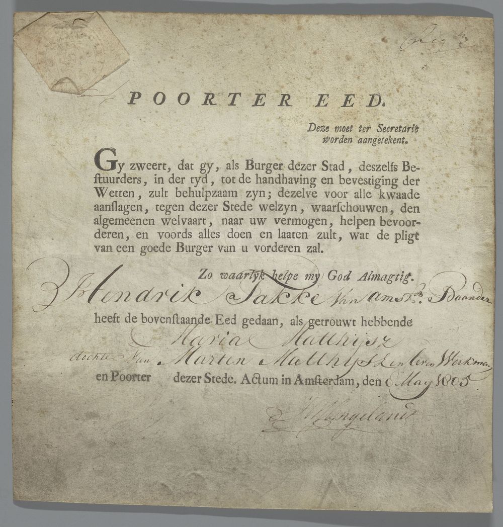 Poortereed (1805) by Slingelandt uitgever and Stad Amsterdam