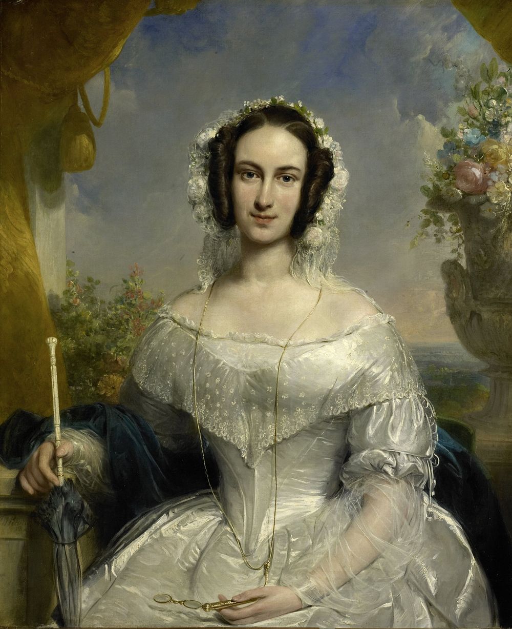 Agatha Petronella Hartsen (1814-78). In bruidstoilet ter gelegenheid van haar huwelijk met Jan van der Hoop op 17 maart 1841…