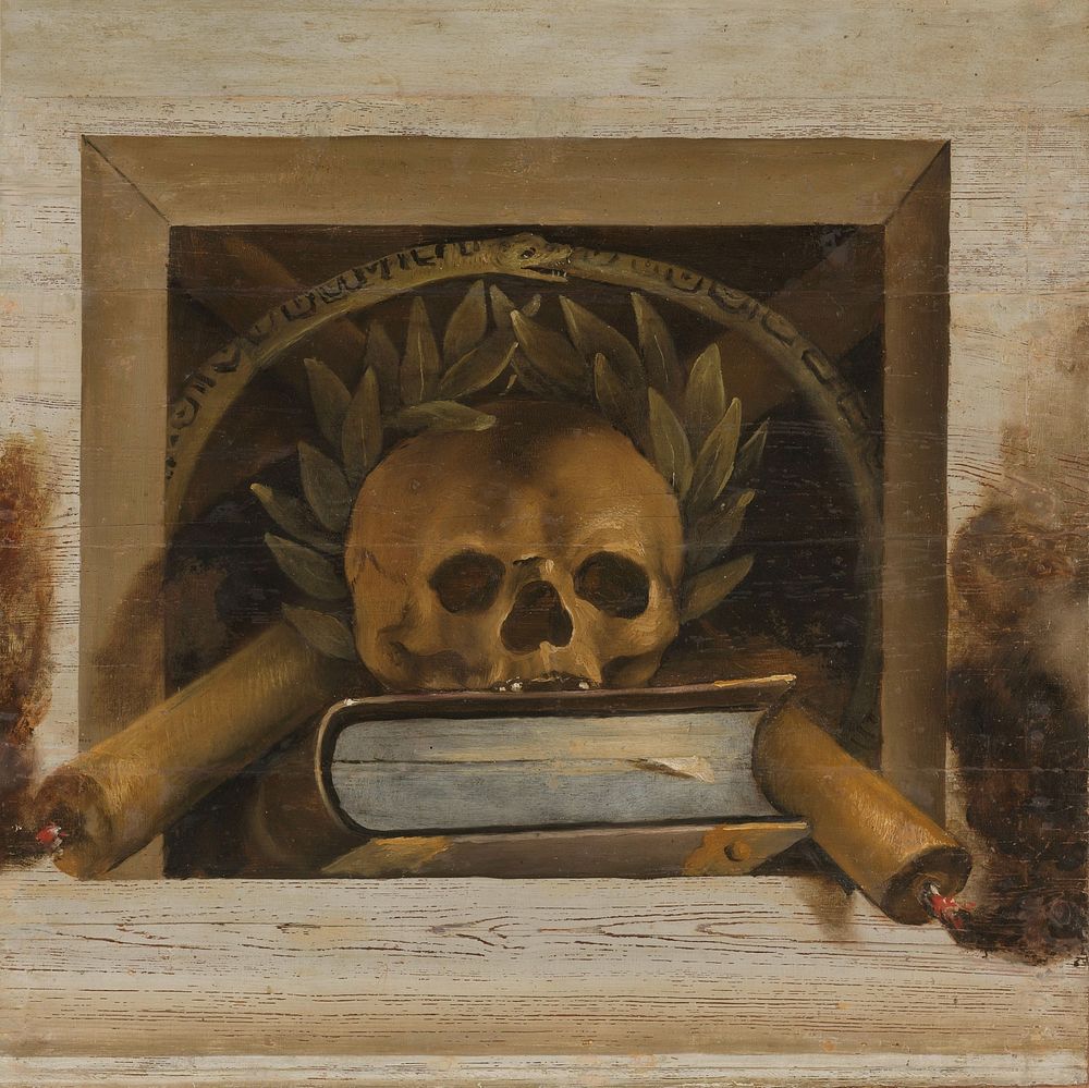 Vanitas Still Life with Scull with Laurel Wreath, Book and two Burning Candles (1645 - 1650) by Jacob van Campen