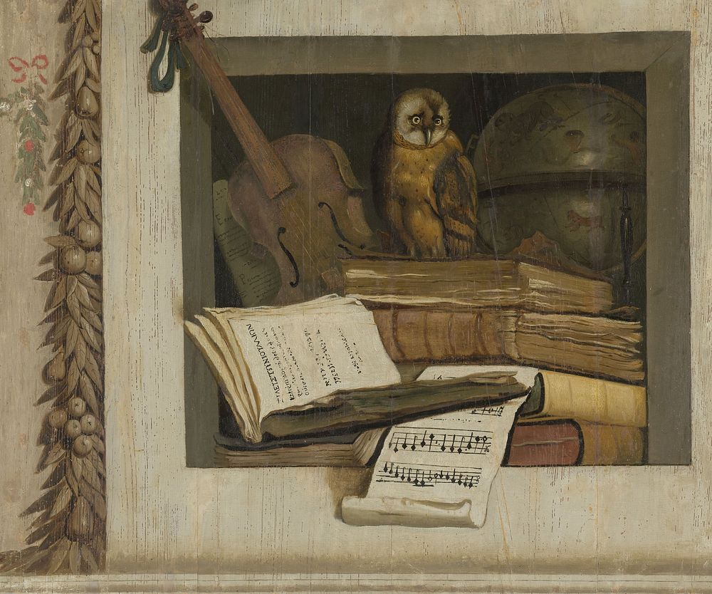 Still Life with Books, Sheet Music, Violin, Celestial Globe and an Owl (1645 - 1650) by Jacob van Campen