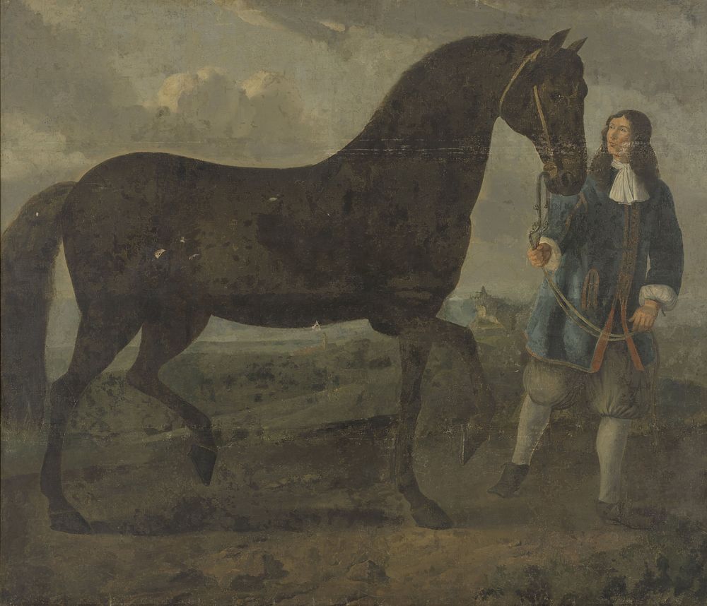 Zwart paard door een stalknecht geleid (c. 1670) by anonymous