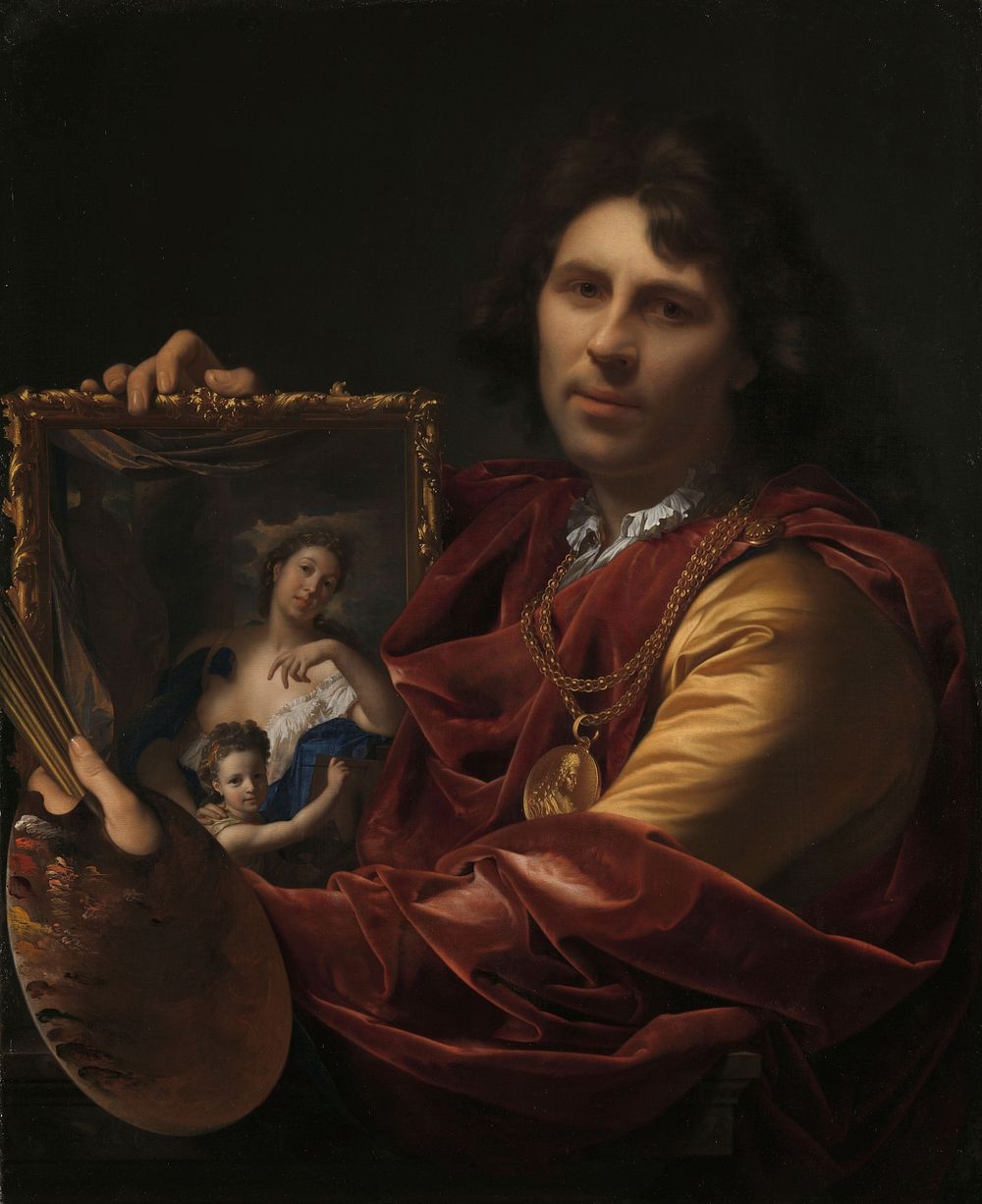 Self-portrait with the Portrait of his Wife, Margaretha van Rees, and their Daughter Maria (1699) by Adriaen van der Werff