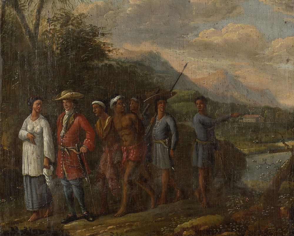 Hollandse koopman met twee tot slaaf gemaakte mannen in heuvellandschap (1700 - 1725) by anonymous