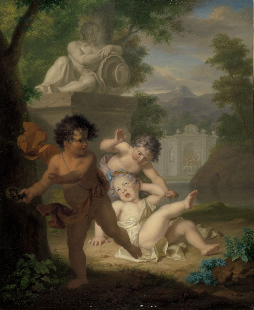 Drie kinderen ruziënd om een vogelnestje (1720) by Isaac Walraven
