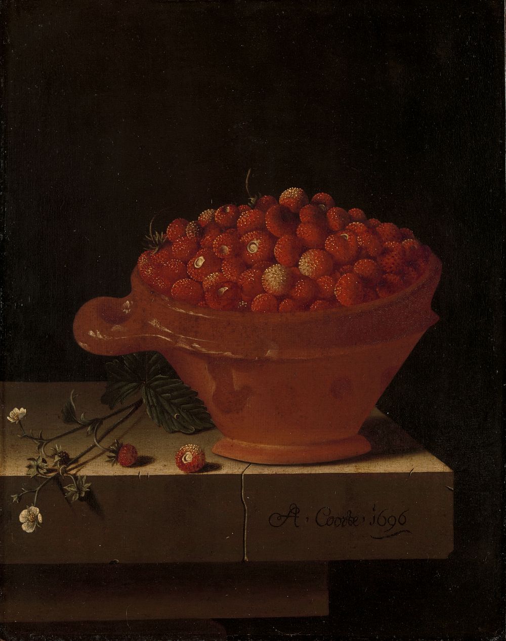 A Bowl of Strawberries on a Stone Plinth (1696) by Adriaen Coorte