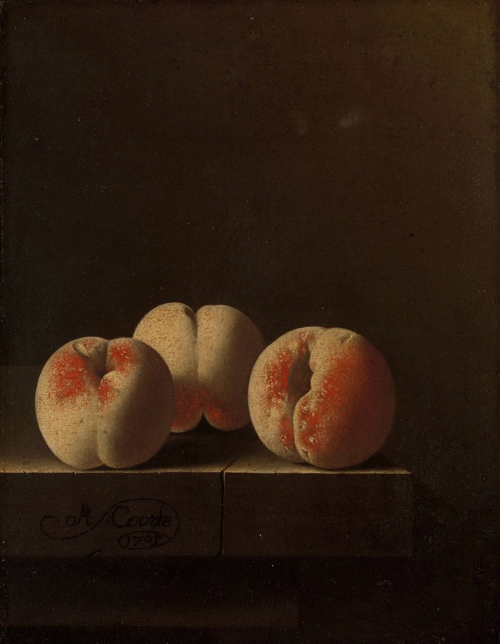 Three Peaches on a Stone Plinth (1705) by Adriaen Coorte