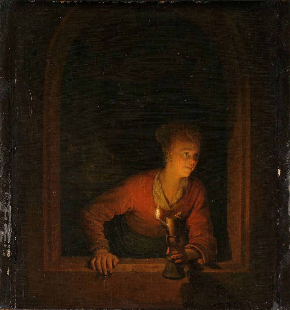 Girl with an Oil Lamp at a Window (1645 - 1675) by Gerard Dou